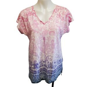 J. Jill 100 Linen Paisley Blouse Pink Blue Short Sleeve Relaxed Tunic Top Small